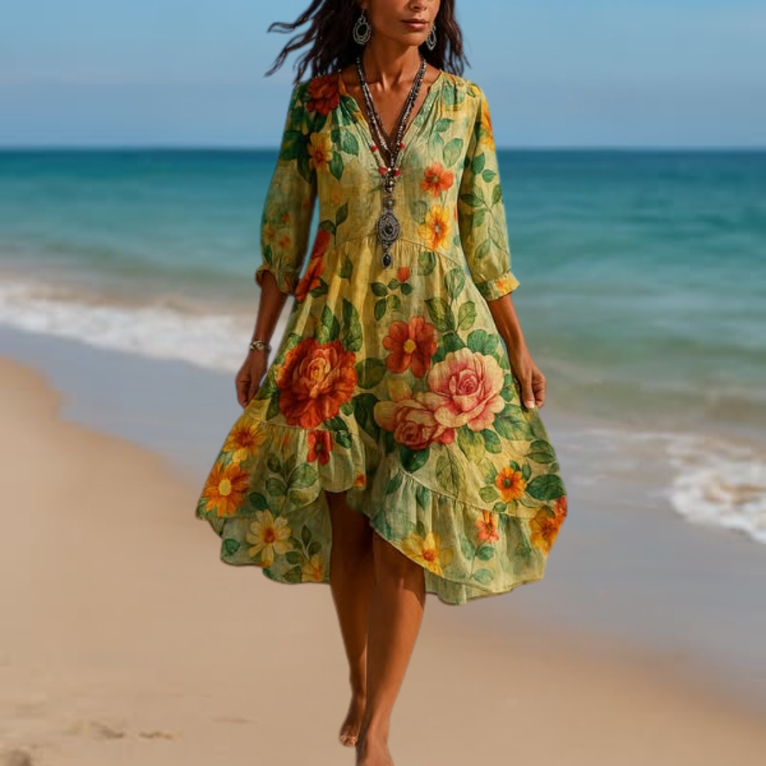 Marina | Vintage boho floral print V-neck dress